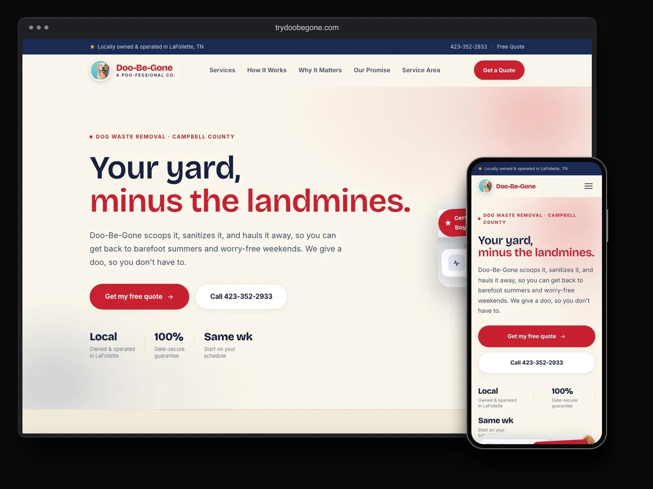 Doo-Be-Gone local service website displayed on desktop and mobile
