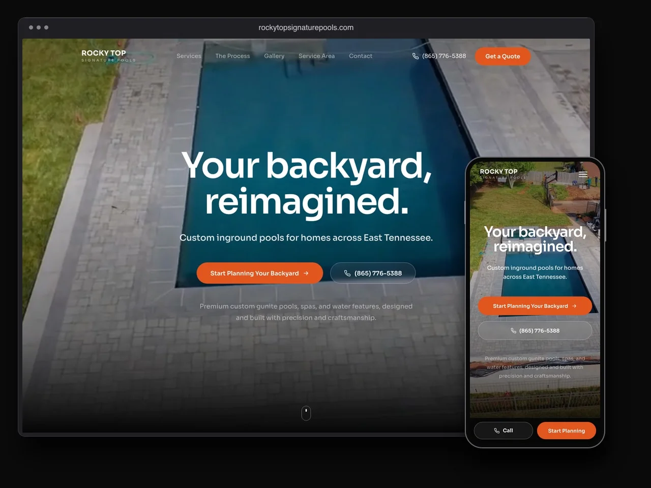 Rocky Top Signature Pools website displayed on desktop and mobile