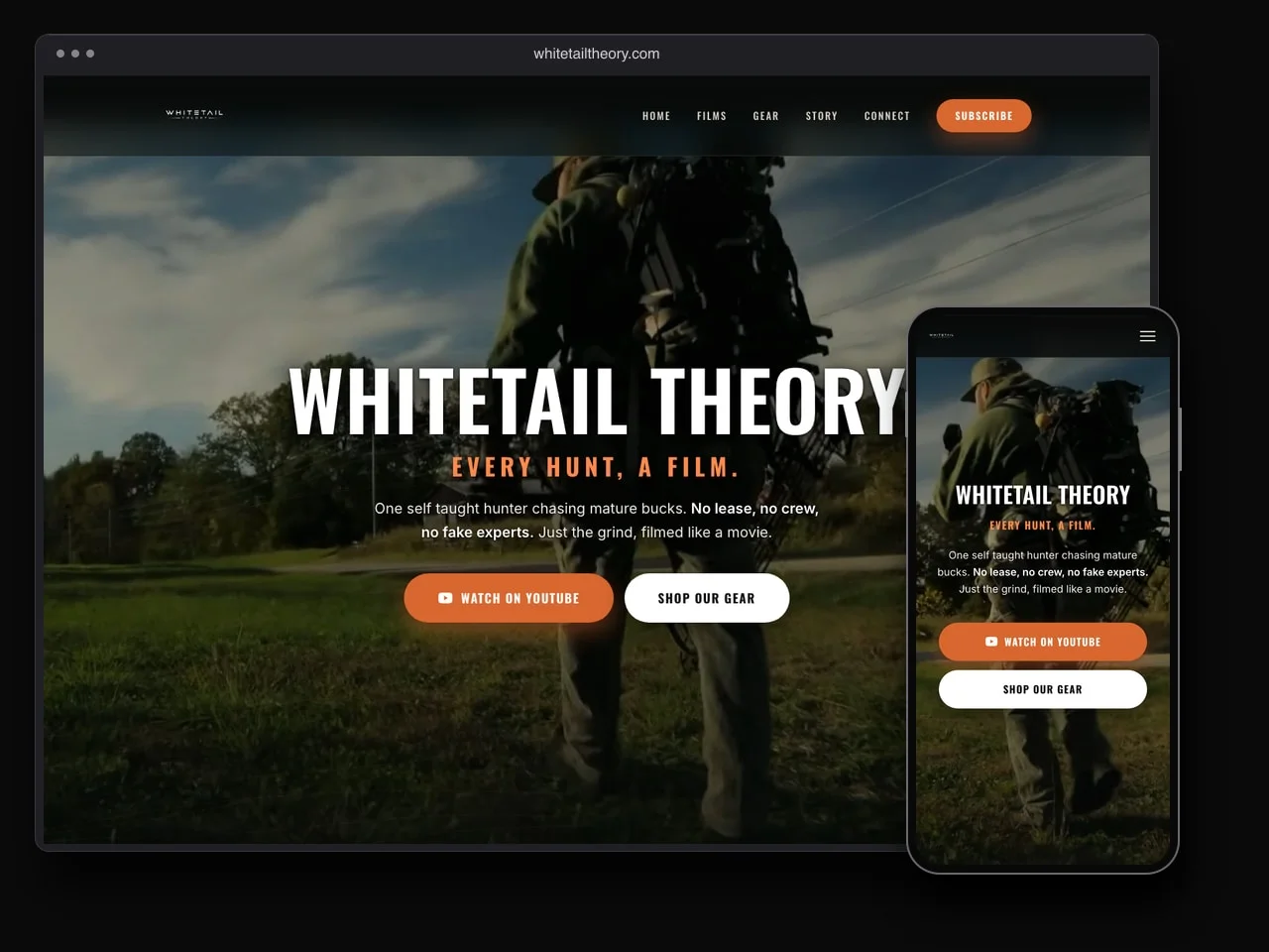 Whitetail Theory hunting film website displayed on desktop and mobile